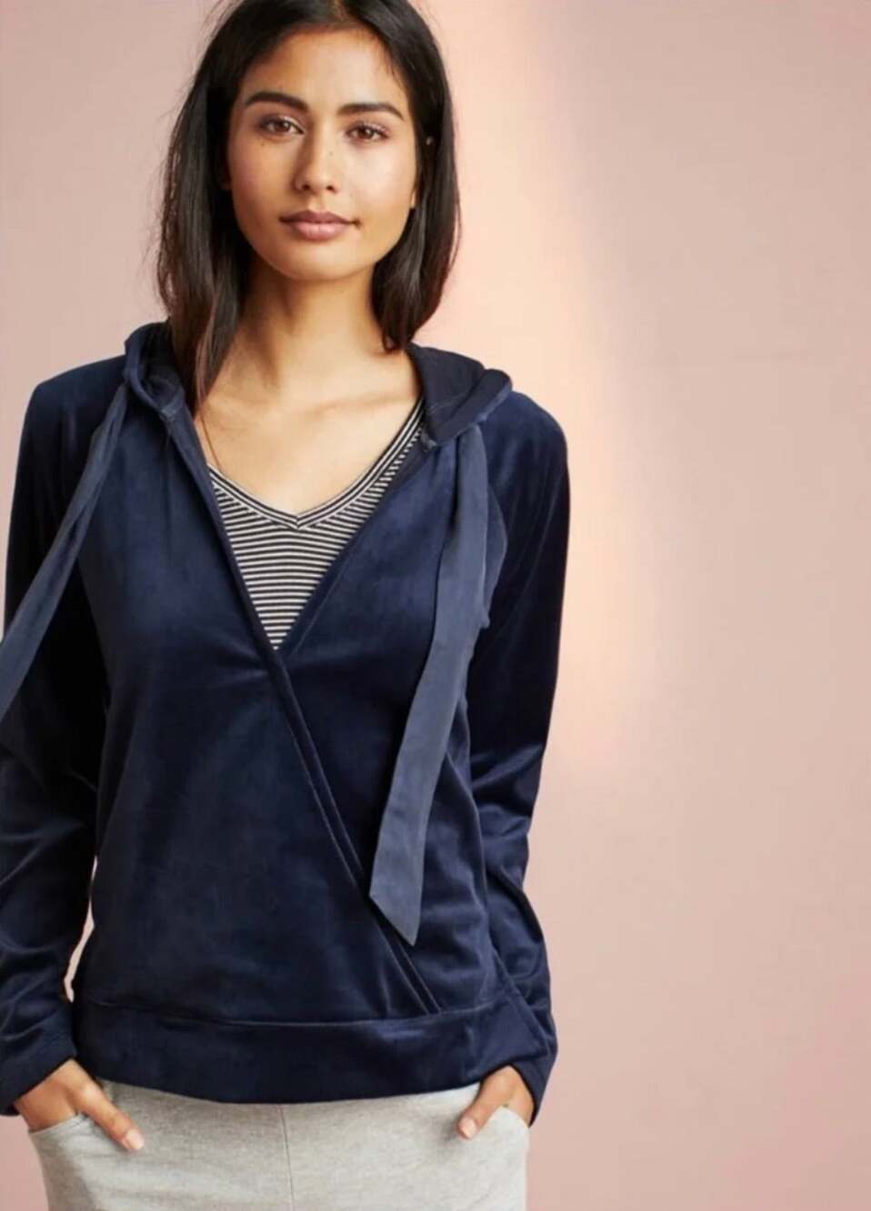 Saturday Sunday by Anthropologie Navy Blue Velour Faux-Wrap Hoodie Sz S